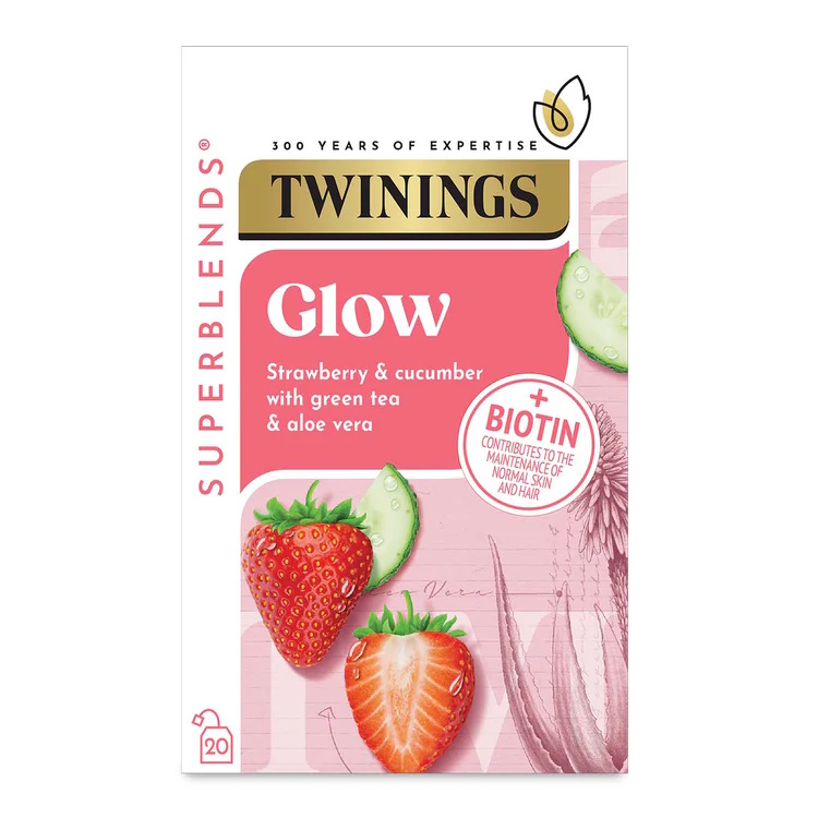 čaj SUPERBLENDS GLOW se zeleným čajem, jahodou, okurkou a aloe vera (20 sáčků)