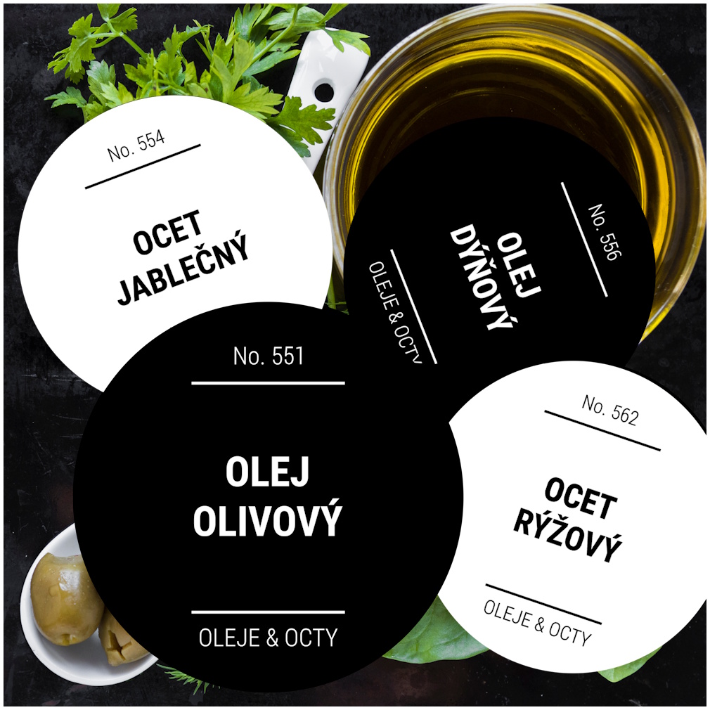 etikety na potraviny kulaté OLEJE & OCTY (12 ks)